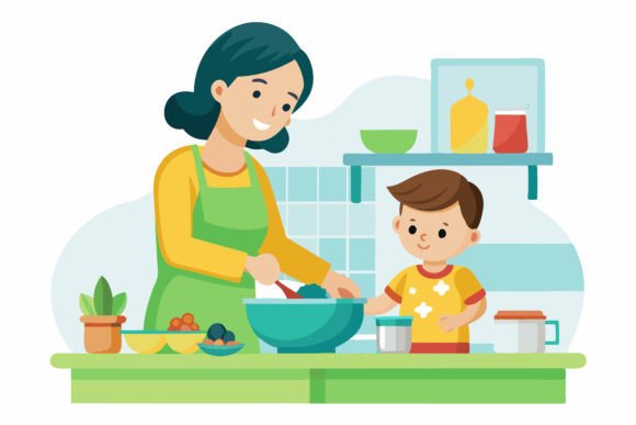 Woman Preparing Food in Kitchen: Transforming Visual Projects with Premium AI EPS Illustrations